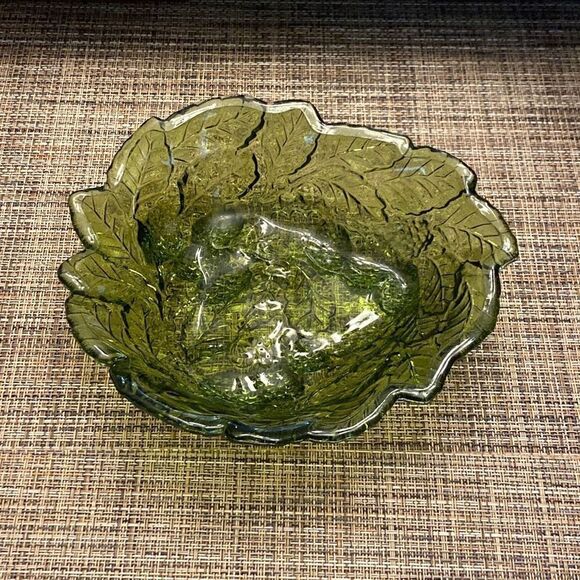 Indiana Glass Other - Loganberry Green by Indiana Glass Candy Nut BonBon Dish Berry Leaves MCM Design